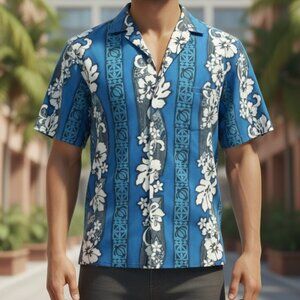Vintage Royal Creations Hawaii Blue Floral Short Sleeve Shirt Large Like New